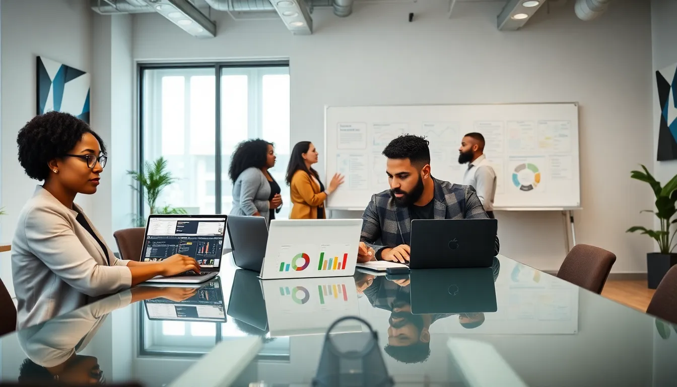 diverse team collaborating in a modern office setting with laptops and a whiteboard.